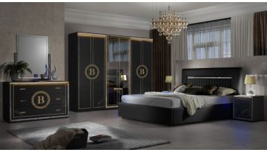 Dormitor New Gemma, negru/auriu, pat 160x200 cm, dulap cu 6 usi, 2 noptiere, comoda