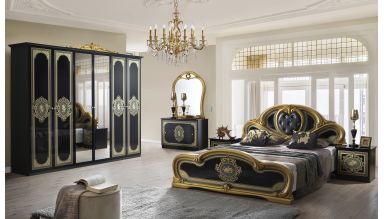 Dormitor Clarissa, negru/auriu, pat 160x200 cm, dulap cu 6 usi, comoda, 2 noptiere