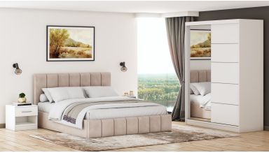 Set dormitor Cozy cappuccino, dulap Ina 150 cm Alb cu oglinda, noptiere Beta