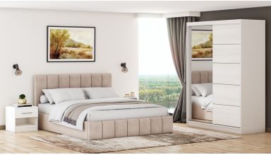 Set dormitor Cozy cappuccino, dulap Ina 150 cm Pin cu oglinda, noptiere Beta