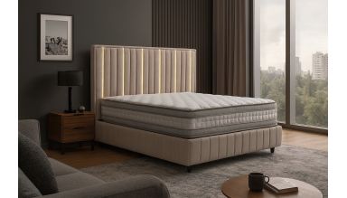 Pat Veloria, 160x200 cm, cappuccino, cu saltea si somiera metalica rabatabila