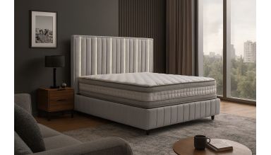 Pat Veloria, 160x200 cm, gri deschis, cu saltea si somiera metalica rabatabila