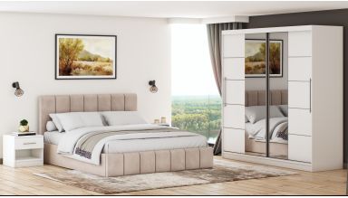 Set dormitor Cozy cappuccino, dulap Sara 200 cm Alb, cu oglinda