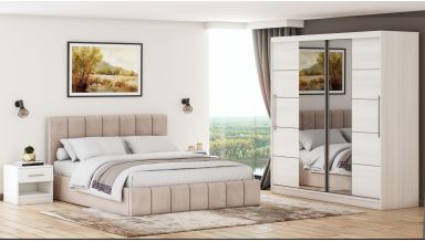 Set dormitor Cozy cappuccino, dulap Sara 200 cm Pin, cu oglinda
