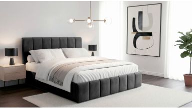 Pat tapitat Zen, 140x200 cm, gri inchis, suport saltea din PAL + saltea