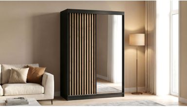 Dressing Gabriel Negru cu lamele artisan, cu oglinda, 150x200x61 cm