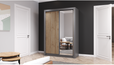 Dressing Vegas cu lamele artisan si oglinda, gri, 150x200x61 cm