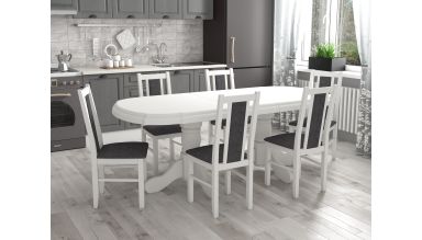 Set masa extensibila jork 160-200 cm, lemn masiv alb, cu 6 scaune tapitate stofa alb, S-38 b14 24B