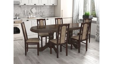 Set masa extensibila jork 160-200 cm, lemn masiv nuc, cu 6 scaune tapitate stofa maro, s-37 O2