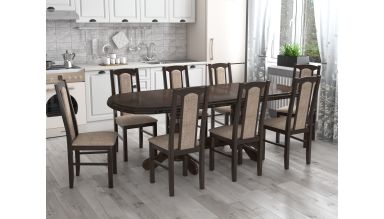 Set masa extensibila jork 250-300x100 cm, lemn masiv, wenge, cu 10 scaune tapitate stofa maro, S-37 W2