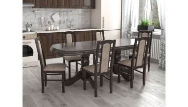 Set masa extensibila jork 160-200 cm, lemn masiv nuc, cu 6 scaune tapitate stofa maro, s-37 W2