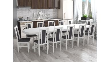 Set masa extensibila jork 250-300x100 cm, lemn masiv alb, cu 12 scaune tapitate stofa gri, s-38 B24B
