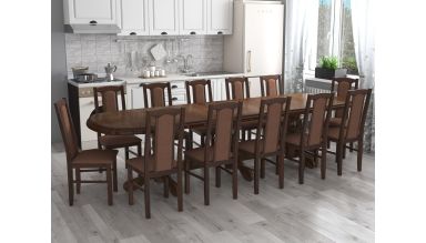 Set masa extensibila jork 250-300x100 cm, lemn masiv nuc, cu 12 scaune tapitate stofa maro, s-37 O15