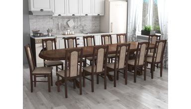 Set masa extensibila jork 250-300x100 cm, lemn masiv nuc, cu 12 scaune tapitate stofa maro, s-37 O2