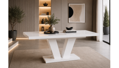 Masa extensibila V 160-200 cm, culoare alb, MDF vopsit