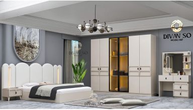 Dormitor Ece, alb, pat 160x200 cm, dulap cu 6 usi, 2 noptiere, comoda