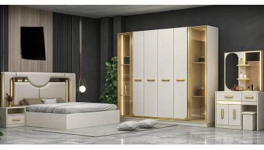 Dormitor Gold, alb/auriu, pat 160x200 cm, dulap cu 6 usi, 2 noptiere, comoda