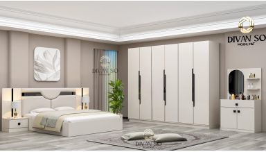 Dormitor Ariana, alb, pat 160x200 cm, dulap cu 6 usi, 2 noptiere, comoda