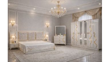 Dormitor Isabel, alb, pat 160x200 cm, dulap cu 6 usi, 2 noptiere, comoda