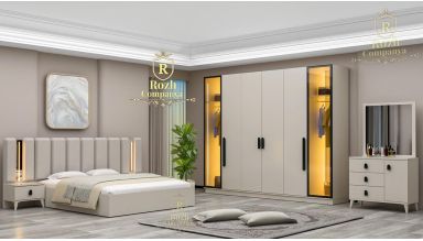 Dormitor Lotus, alb, pat 160x200 cm, dulap cu 6 usi, 2 noptiere, comoda