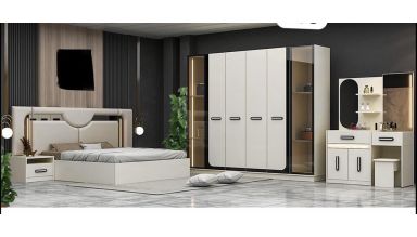Dormitor Navara, alb, pat 160x200 cm, dulap cu 6 usi, 2 noptiere, comoda