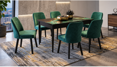 Set masaextensibila  Palma cu 6 scaune tapitate, 130-170x90cm, verde/negru