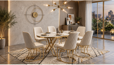 Set masa Rosto cu 6 scaune tapitate, 160x90cm, cappuccino auriu
