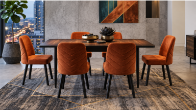 Set masaextensibila  Palma cu 6 scaune tapitate, 130-170x90cm, maro/negru