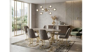Set masa Rosto cu 6 scaune tapitate, 160x90cm, gri auriu