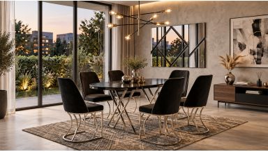 Set masa Rosto cu 6 scaune tapitate, 160x90cm, negru argintiu