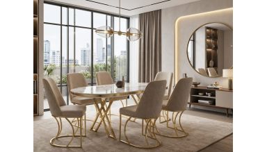 Set masa Rosto cu 6 scaune tapitate, 160x90cm, cappuccino auriu