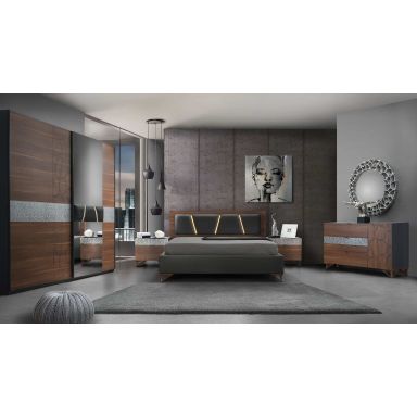 Dormitor Mercury, nuc/antracit, pat 160x200 cm, dulap cu 2 usi culisante, 2 noptiere