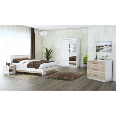 Set dormitor Beta, alb/sonoma, dulap 120 cm, pat 160x200 cm, 2 noptiere, comoda