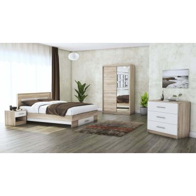 Set dormitor beta, sonoma / alb, dulap 120 cm, pat 140x200 cm, 2 noptiere, comoda