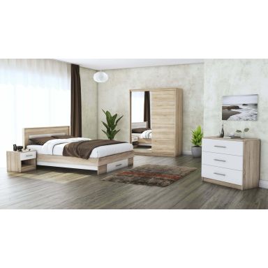 Set dormitor Beta, sonoma / alb, dulap 150 cm, pat 140×200 cm, 2 noptiere, comoda