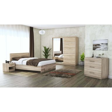 Set dormitor Beta, sonoma, dulap 183 cm, pat 140×200 cm, 2 noptiere, comoda