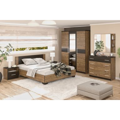 Set dormitor Veronika, stejar/wenge, dulap 150 cm, pat 160×200 cm, 2 noptiere, comoda
