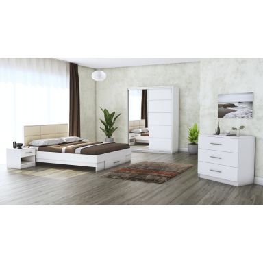 Dormitor solano, alb, dulap 150 cm, pat cu tablie tapitata crem 160×200 cm, 2 noptiere, comoda