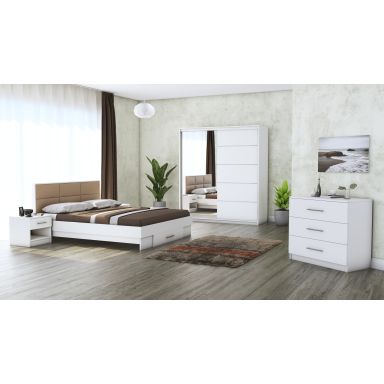 Dormitor Solano, alb, dulap 183 cm, pat cu tablie tapitata camel 160x200 cm, 2 noptiere, comoda