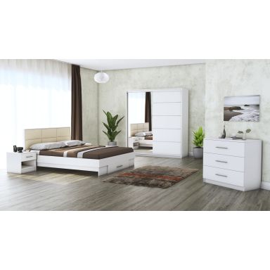 Dormitor Solano, alb, dulap 183 cm, pat cu tablie tapitata crem 140x200 cm, 2 noptiere, comoda
