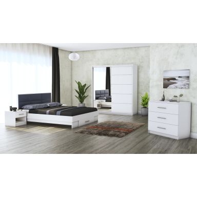 Dormitor solano, alb, dulap 183 cm, pat cu tablie tapitata gri 140×200 cm, 2 noptiere, comoda