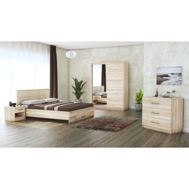 Dormitor Solano, sonoma, dulap 150 cm, pat cu tablie tapitata crem 160×200 cm, 2 noptiere, comoda
