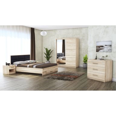 Dormitor Solano, sonoma, dulap 150 cm, pat cu tablie tapitata negru 140×200 cm, 2 noptiere, comoda