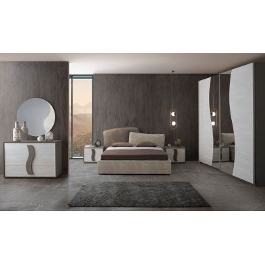 Dormitor Twin, alb/gri, pat 160x200 cm, dulap cu 2 usi culisante, 2 noptiere, comoda