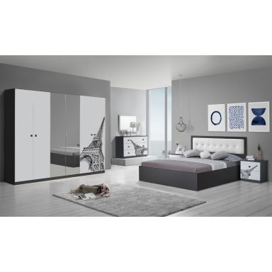 Dormitor Eiffel, alb/negru, pat 160x200, comoda, dulap, noptiere