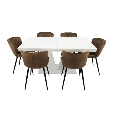 Set masa extensibila v 160x200 cm, lemn masiv alb, blat din mdf cu 6 scaune tapitate s-153, stofa maro