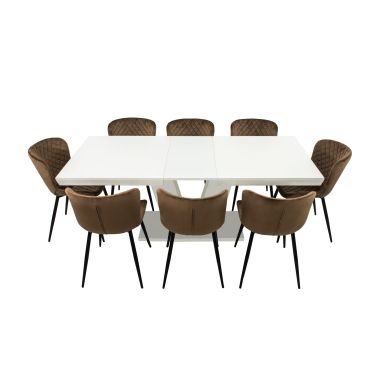 Set masa extensibila v 160x200 cm, lemn masiv alb, blat din mdf cu 8 scaune tapitate s-153, stofa maro