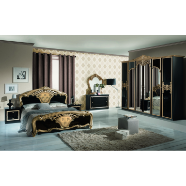 Dormitor Eva Nero, negru/auriu, pat 160x200 cm, dulap cu 6 usi, comoda, 2 noptiere