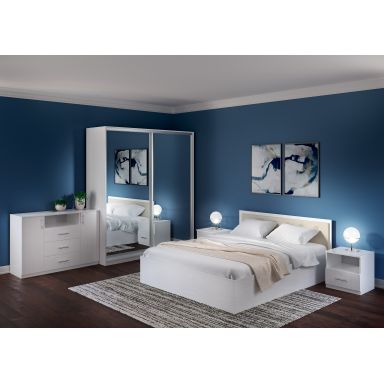 Dormitor Vita Plus alb cu pat cu tablie tapitata