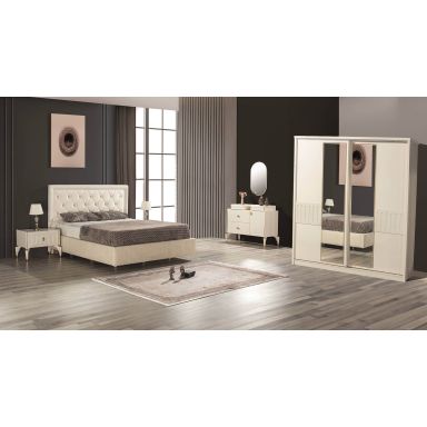 Dormitor Malta, alb, pat 160 x 200 cm, dulap cu 2 usi, 2 noptiere, comoda